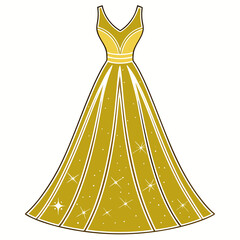 Elegant golden sequin evening gown with deep neckline isolated on white background