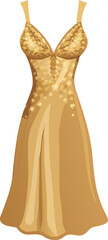 Golden sequin evening gown with deep neckline isolated on white background