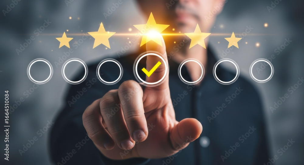 Poster a person selecting a star rating with a finger on a digital interface screen