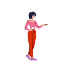 Young woman holding smartphone and gesturing while explaining something