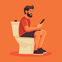 Funny Illustration of a Man Using a Phone on the Toilet