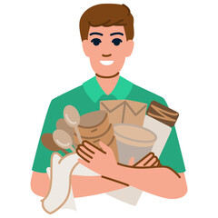 Smiling man holding eco friendly disposable tableware and paper bag
