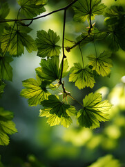 Close up spring green maple leaves with sunlight filtering through branches creating bright yellow green glow soft light texture blurred background vibrant natural scene depth detail.