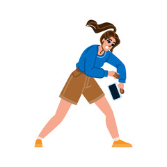 Young woman trying to catch falling smartphone with worried face expression