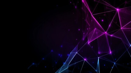 Abstract digital art featuring a dark background with vibrant purple and blue geometric shapes connected by bright lines, creating a futuristic tech feel.