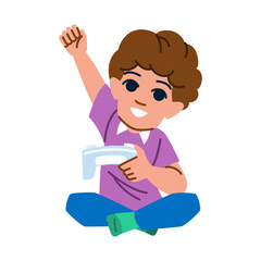 Happy child playing videogames sitting with legs crossed and raising one arm