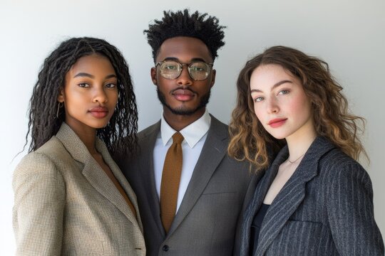 A diverse group of young professionals, a man and two women, stand confidently together.