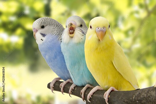 Three Colorful Budgies on a Branch in Nature.