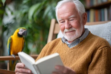 Obraz premium Senior man reading a book with his parrot companion at home