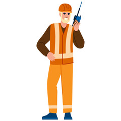 Construction worker communicating using walkie talkie on white background