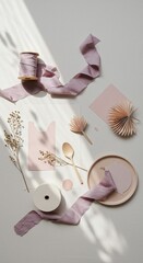 Flat lay arrangement of soft purple linen ribbon, dried flowers, wooden spoon, and delicate paper decorations, casting subtle shadows on a neutral background for a minimalist aesthetic