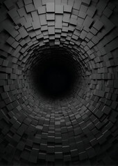 3d render of black circular hole in dark gray stone mosaic background with abstract geometric low poly art style modern design.