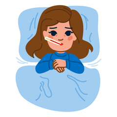 Sick child laying in bed with thermometer measuring fever