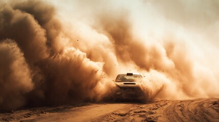 Vehicle races through a massive cloud of dust showcasing raw power and intense speed A thrilling moment of off-road adventure