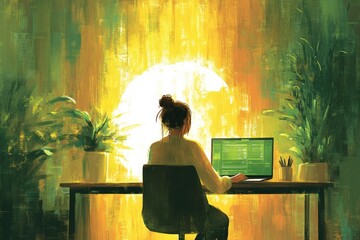 Woman programmer works at home in a bright room, surrounded by plants, focusing on her computer screen.