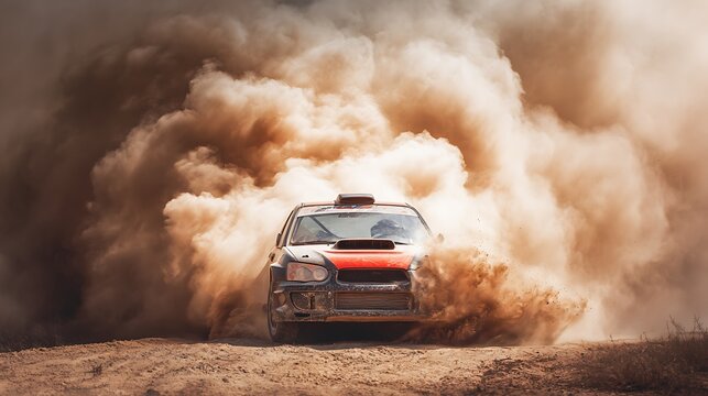 A rally car speeds along a dirt track surrounded by a huge cloud of dust kicked up by its tires Intense off-road action shot