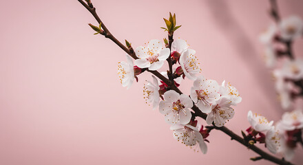 Fototapeta premium Delicate White Blossoms on Branch, Pink Background