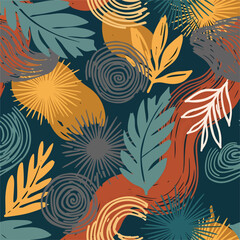 Seamless Pattern, Abstract botanical pattern featuring leaves, spirals, and organic shapes in warm hues Stock royalty free