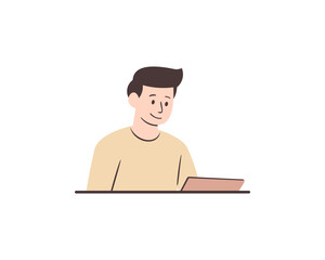 Minimalist flat vector illustration of a young man working with a laptop. Perfect for business, office, freelance, education, online learning, or remote work concepts