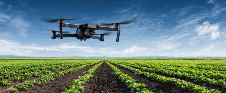 The drone surveying vibrant agricultural fields under dramatic sky for precision farming vision