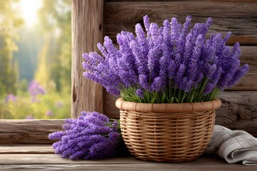 Fototapeta premium Fresh lavender flowers in basket by rustic wooden window at sunrise
