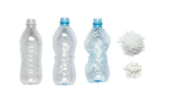 Pristine new clear plastic bottle, compressed empty bottle, recycled pellets and flakes on transparent studio, overhead flat lay. Concept of plastic transformation journey