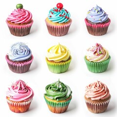 Nine colorful cupcakes arranged in a grid, each topped with a different swirl of pastel frosting and sprinkles