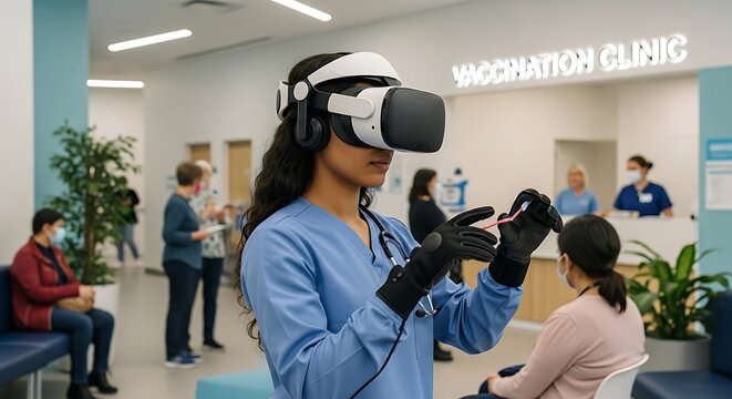 Advanced medical professional using virtual reality for examination at vaccination clinic