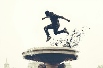 A parkour athlete leaps dynamically over a stone fountain, showcasing athleticism and urban exploration.