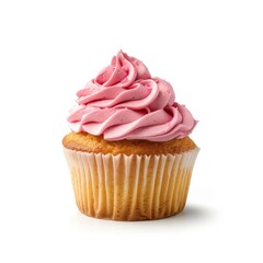 Single, pink-frosted cupcake on a white background.  Fluffy, swirled frosting atop a light-yellow cake, in a paper liner