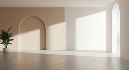 Obraz premium Sunlit Minimalist Interior with Arched Niche and Plant