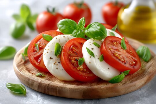 Sliced tomatoes and mozzarella cheese with basil leaves forming a caprese salad on wooden board - Powered by Adobe