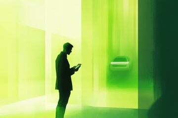 A businessman uses a tablet to interact with a futuristic, green-hued electric car in a modern setting.