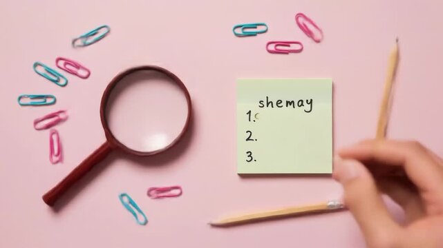 A light pink surface displays stationery pencils, paper clips, a magnifying glass, and a sticky note with "shemay" & a numbered list