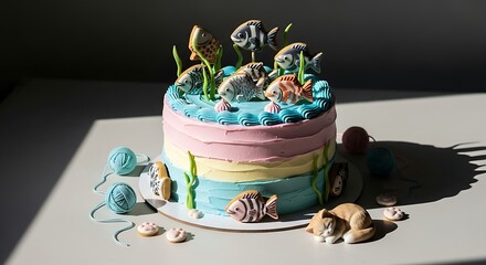 Artistic Ocean Themed Birthday Cake with Colorful Marine Decorations.