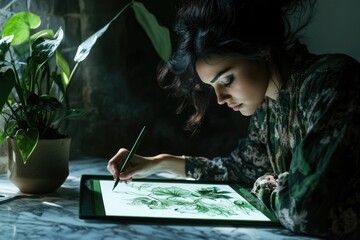 A woman meticulously draws botanical illustrations on a digital drawing pad, immersed in creative work.