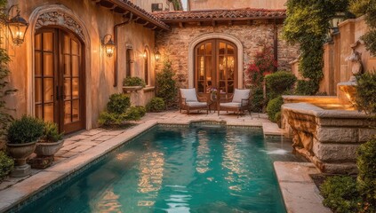 Fototapeta premium Tranquil courtyard pool, Italian-style home