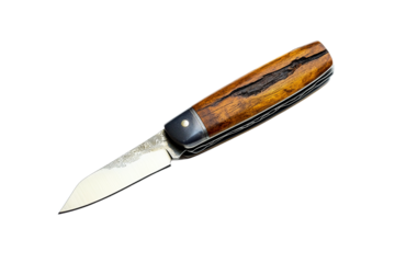 Rustic pocket knife featuring wood handle and damascus blade on transparent background