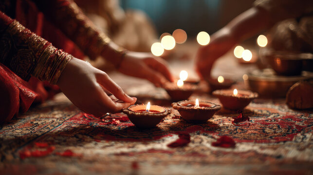 Hands delicately place lit oil lamps on an ornate rug during Diwali. The glowing diyas, warm tones, and traditional attire capture the sacred beauty and festive spirit of the Hindu festival of lights.