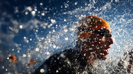 Swimmer in action: Immersed in a burst of water swimmer with goggles and cap pushing limits in a vigorous swim The spirit of competition