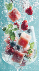 A glass filled with ice cubes, raspberries, blueberries, and mint leaves splashes in water against a light blue background.