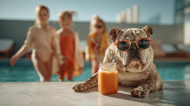 A relaxed bulldog wearing sunglasses sits by a poolside with a glass of orange juice. Three children in colorful swimsuits walk in the background.
