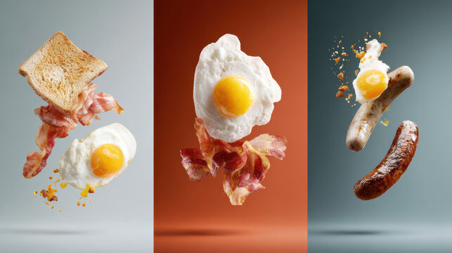A floating breakfast scene featuring crispy bacon, sunny-side-up eggs, and sausages against colorful backgrounds. The food items are arranged artistically in mid-air.
