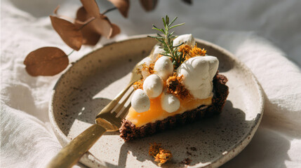 Slice of chocolate tart with cream, white meringue, and orange garnish on a ceramic plate with a gold fork and dried leaves nearby.