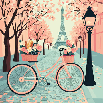 Eiffel Tower View with Floral Bicycle Down a Cobblestone Street