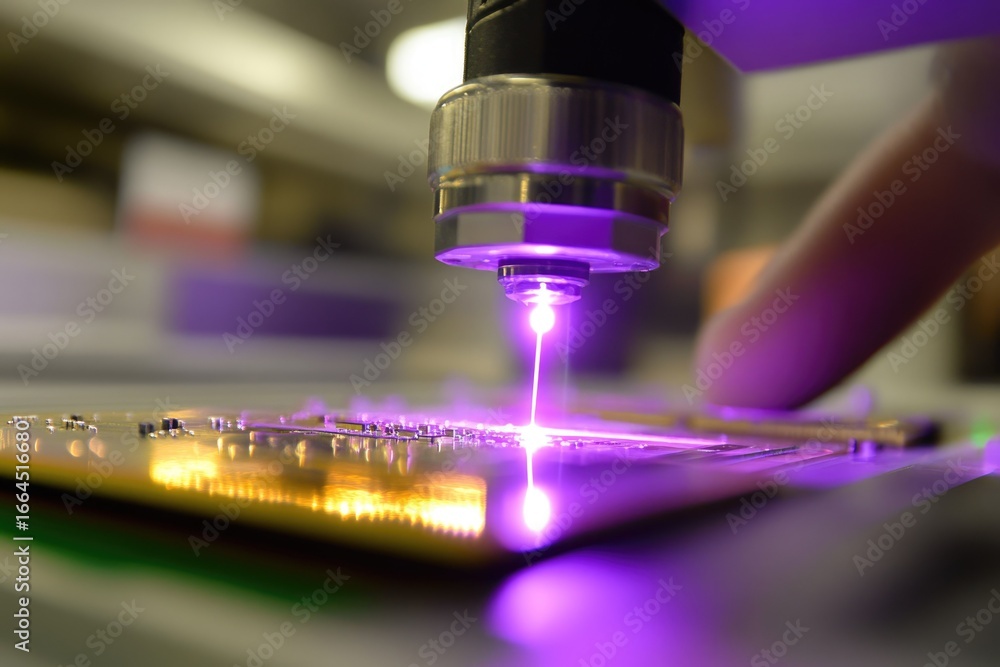 Aufkleber a close-up shot of a laser etching a circuit board with precision, showcasing advanced technology.