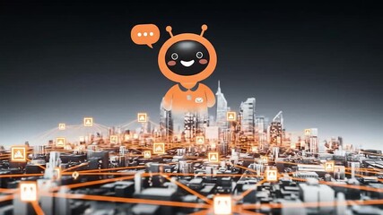 A futuristic smart city concept with digital technology icons and connected devices floating above urban skyline buildings - Powered by Adobe