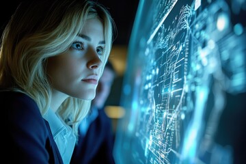 A focused woman examines a futuristic holographic display showing complex data and a world map.