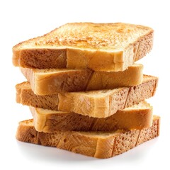 Toasted bread slices stacked vertically.  Golden-brown toasted bread,  lightly browned, and textured,  stacked neatly.  Isolated on white background