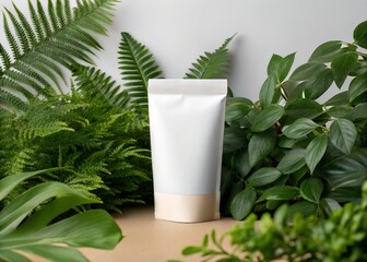 White Cosmetic Tube Packaging Surrounded by Lush Green Foliage